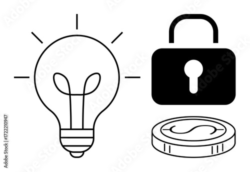 Lightbulb represents creativity, padlock symbolizes security, and coin signifies financial value. Ideal for innovation, protection, finance, business, intellectual property, savings and technology