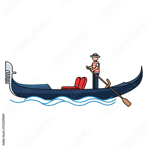 Vector Illustration of a Venetian Gondola with a Gondolier Rowing.