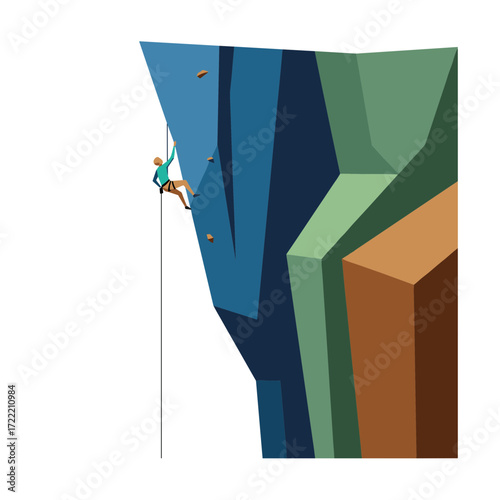 Climber Ascending Steep Geometric Rock Face.