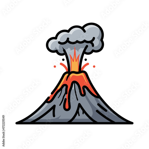 Cartoon Volcano Eruption with Lava Flow and Ash Cloud Illustration.