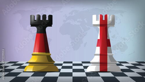 Two Standing Rooks Representing Germany vs England with Flags on Bodies and World Map in Background