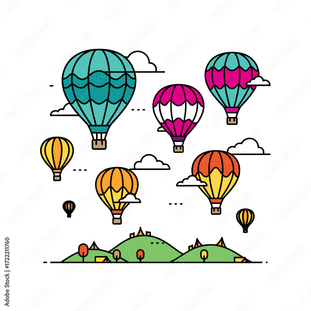 Fototapeta premium Colorful Hot Air Balloons Over Green Hills Illustration with Clouds.