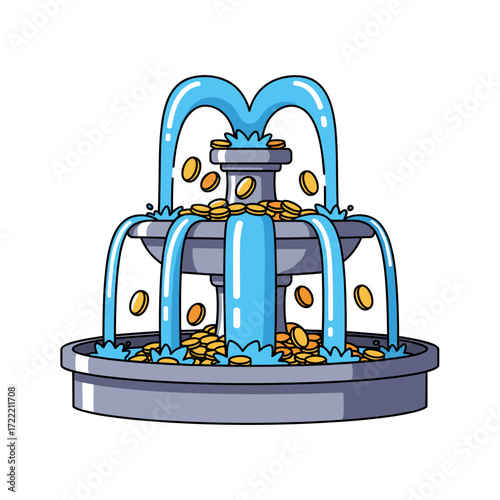 Cartoon Fountain Spouting Gold Coins Wealthy Design.