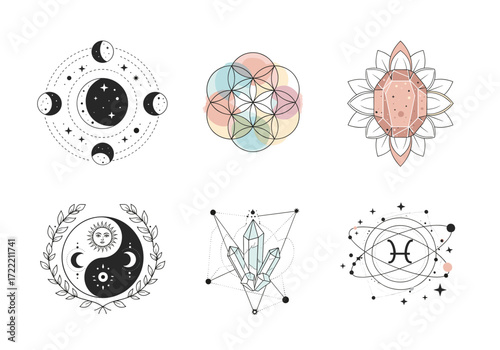 Zodiac and Sacred Geometry Vector Set – Flat Pastel Icons of Moon Phases, Mandalas, Crystals, Sun & Moon, Constellations, and Mystical Symbols