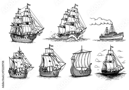 Vintage Ship Engraving Vector Set – Hand Drawn Galleon, Clipper, Steamboat, Pirate Ship, Viking Longship, and Schooner in Classic Nautical Etching Style