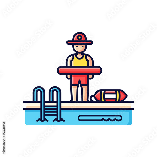 Cartoon Lifeguard Standing by Pool with Rescue Tube and Buoy Wearing Red Hat and Shorts.