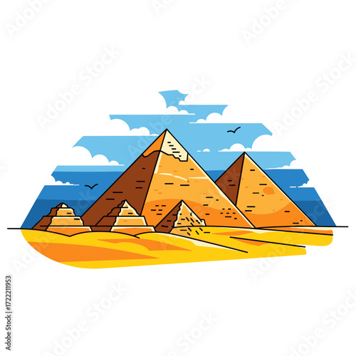 Stylized Giza pyramid complex illustration with bold outlines and desert landscape.