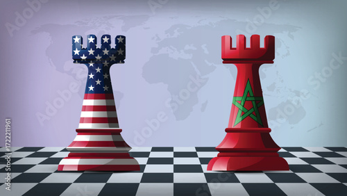 Two Standing Rooks Representing USA vs Morocco with Flags on Bodies and World Map in Background