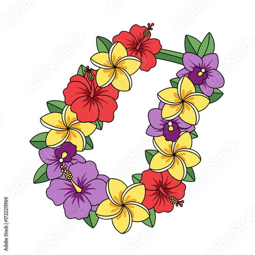 Colorful Hawaiian Lei Illustration with Tropical Hibiscus Plumeria and Orchid Flowers.