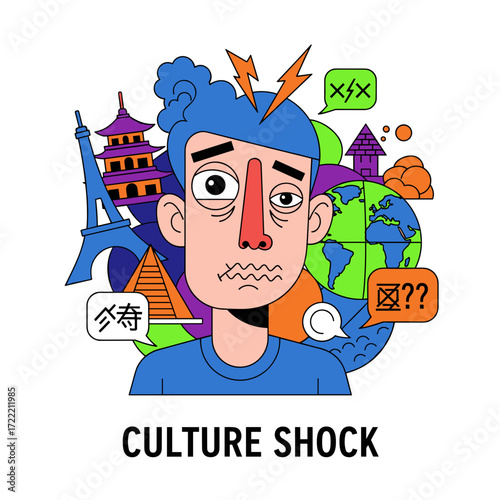 Overwhelmed Cartoon Man Experiencing Culture Shock Vivid Colors Bold Lines.