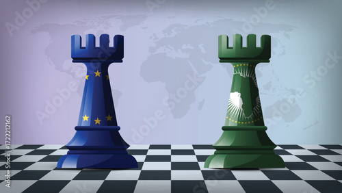Two Standing Rooks Representing EU vs AU with Flags on Bodies and World Map in Background