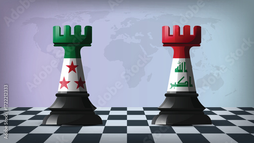 Two Standing Rooks Representing Syria vs Iraq with Flags on Bodies and World Map in Background