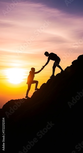 Vertical Whitespace Silhouette of Helping Hands at Sunset Climbing a Mountain
