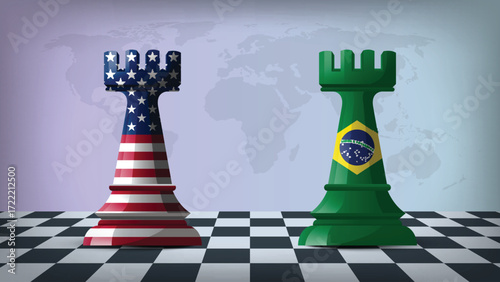 Two Standing Rooks Representing USA vs Brazil with Flags on Bodies and World Map in Background