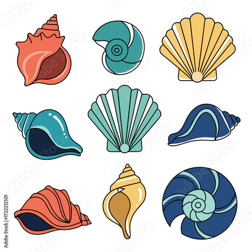 Colorful Cartoon Seashells in Various Shapes and Hues.