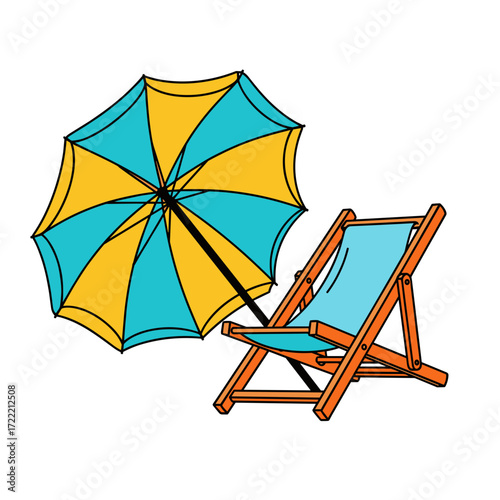 Colorful Beach Umbrella and Deck Chair Illustration on White Background.