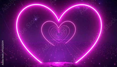 Fototapeta Naklejka Na Ścianę i Meble -  Neon heart tunnel in space
