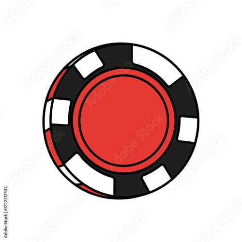 Classic red and black casino poker chip with white rectangular markings vector illustration style.