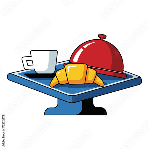 Cartoon breakfast tray with golden croissant white cup and red cloche illustration.