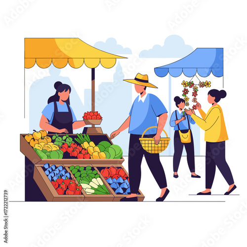 Farmers Market Produce Stand with Colorful Fruits and Vegetables.