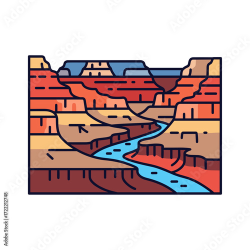 Stylized illustration of a winding river through a colorful canyon landscape.