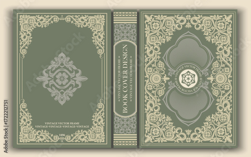 Vector. Elegant vintage book cover with an olive-green background and cream-colored baroque ornament. Suitable for retro designs, publishing layouts, art projects, and classic publications.