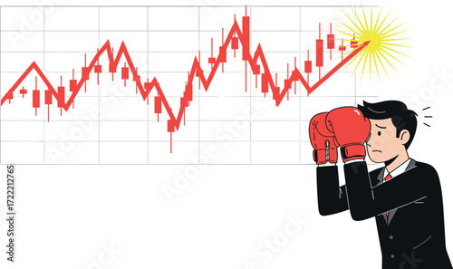 Businessman with Boxing Gloves Watching Volatile Stock Market Chart Showing Sudden Financial Breakthrough and Emotional Reaction to Rising Trend
