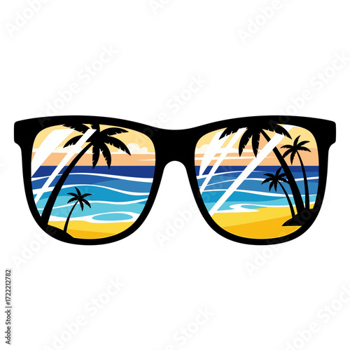 Stylish black sunglasses reflecting a vibrant tropical beach scene with palm trees and blue ocean.