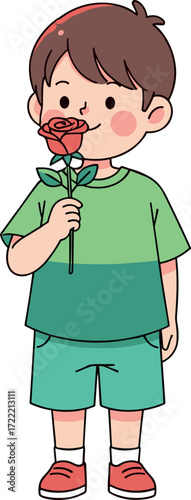 Cartoon child smelling red rose flower, standing in casual outfit, appreciating nature, springtime moment, colorful vector illustration for kids theme