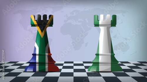 Two Standing Rooks Representing Nigeria vs South Africa with Flags on Bodies and World Map in Background