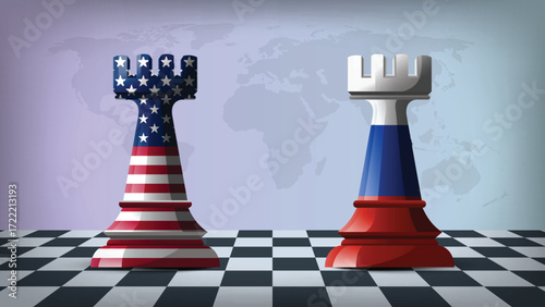 Two Standing Rooks Representing USA vs Russia with Flags on Bodies and World Map in Background