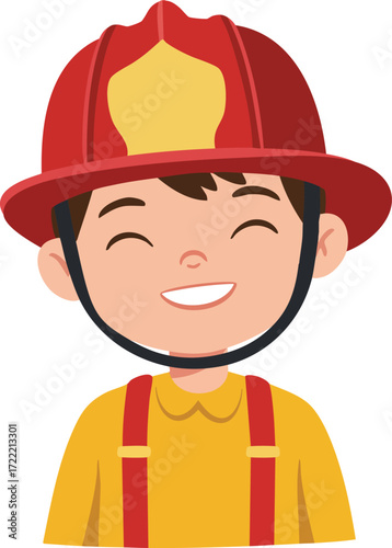 Child smiling wearing red firefighter helmet and yellow shirt with suspenders vector illustration cheerful portrait