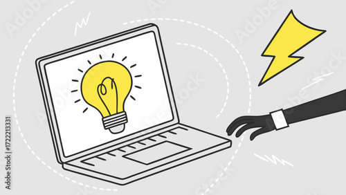 Stylized laptop with glowing lightbulb and lightning bolt computer idea