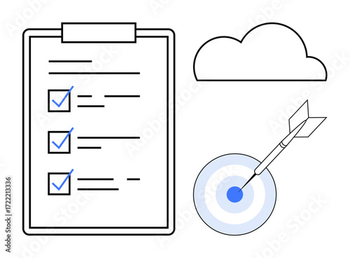 Checklist with marked tasks, cloud for abstract thinking, and target with arrow symbolizing achievement. Ideal for productivity, planning, goal setting, success, organization, accomplishment project