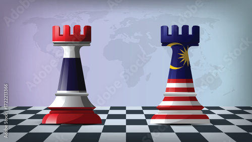 Two Standing Rooks Representing Malaysia vs Thailand with Flags on Bodies and World Map in Background