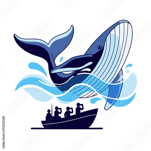 Majestic Blue Whale Breaching Above Silhouetted Boat with Spectators.