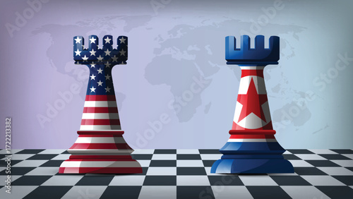 Two Standing Rooks Representing USA vs North Korea with Flags on Bodies and World Map in Background