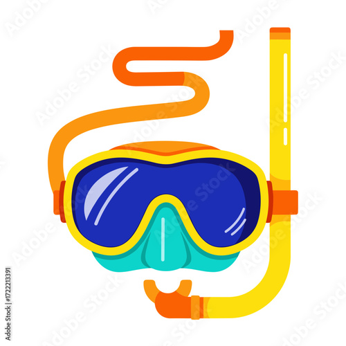Vibrant flat design snorkeling mask and snorkel set with blue lenses yellow frame and orange tube.