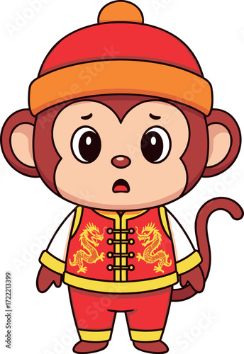 Cartoon monkey in traditional Chinese costume with dragon vest, festive hat, red pants, zodiac character for Lunar New Year celebration