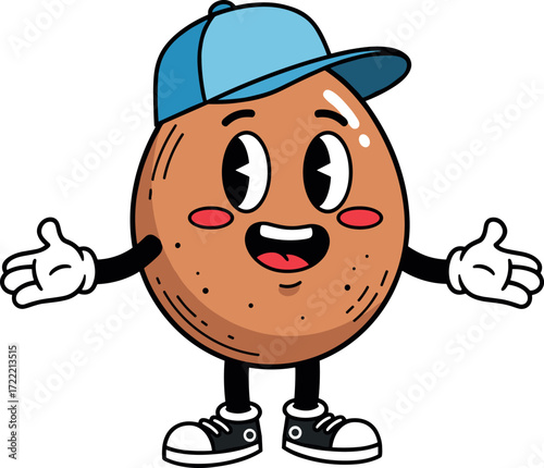 Cartoon potato mascot character with cap, gloves, sneakers, smiling face, welcoming gesture, isolated on white background for kids branding
