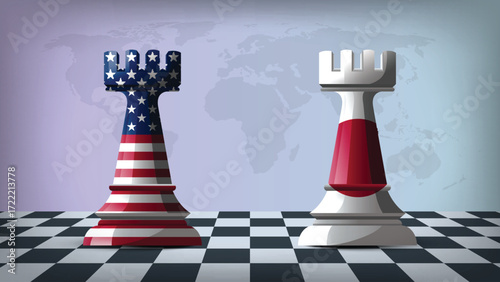 Two Standing Rooks Representing USA vs Japan with Flags on Bodies and World Map in Background