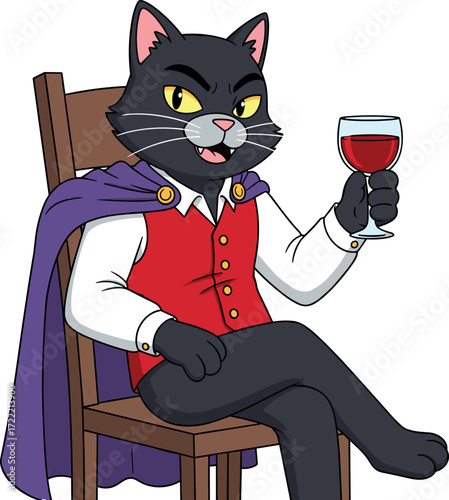Elegant anthropomorphic black cat in aristocratic outfit holding wine glass, sitting confidently on chair with smug expression and noble posture.