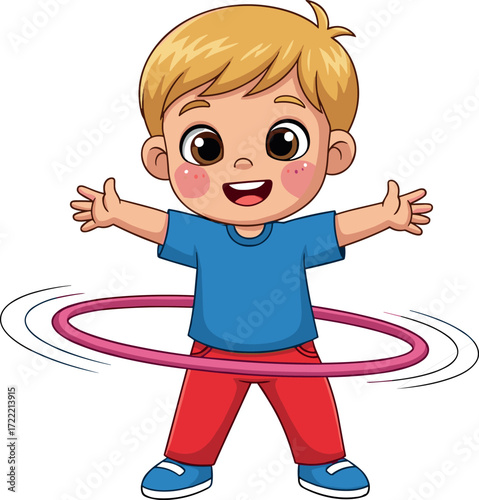 Happy Blonde Child Playing with Hula Hoop Outdoors – Fun Cartoon Vector for Kids Activity, Fitness, Childhood, and Education Concepts
