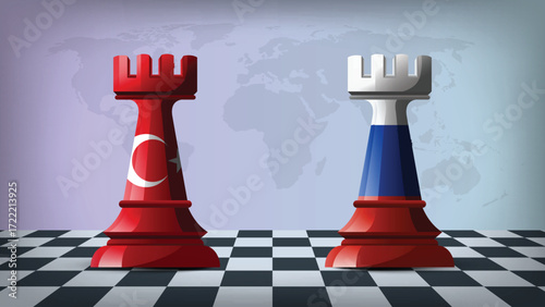 Two Standing Rooks Representing Russia vs Turkey with Flags on Bodies and World Map in Background