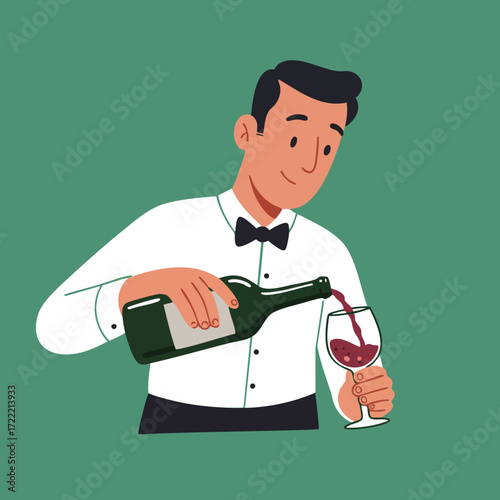 Male waiter serving red wine pouring into glass illustration in formal attire vector image 