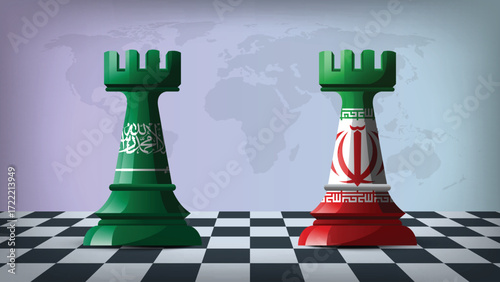 Two Standing Rooks Representing Iran vs Saudi Arabia with Flags on Bodies and World Map in Background