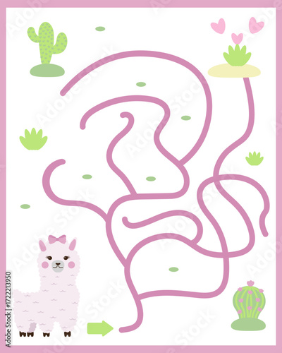 Children's labyrinth, riddle, puzzle, task for preschoolers, Cute llama, baby with a pink bow on his head