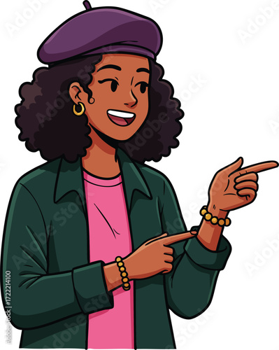 Young woman wearing purple beret and green jacket pointing fingers with smiling expression vector illustration 