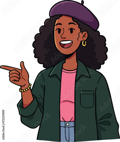 Young woman with curly hair wearing purple beret and green jacket pointing finger vector illustration 