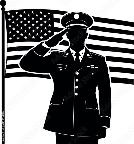 Military soldier saluting in front of American flag silhouette, patriotic tribute to veterans, armed forces honor and national pride illustration